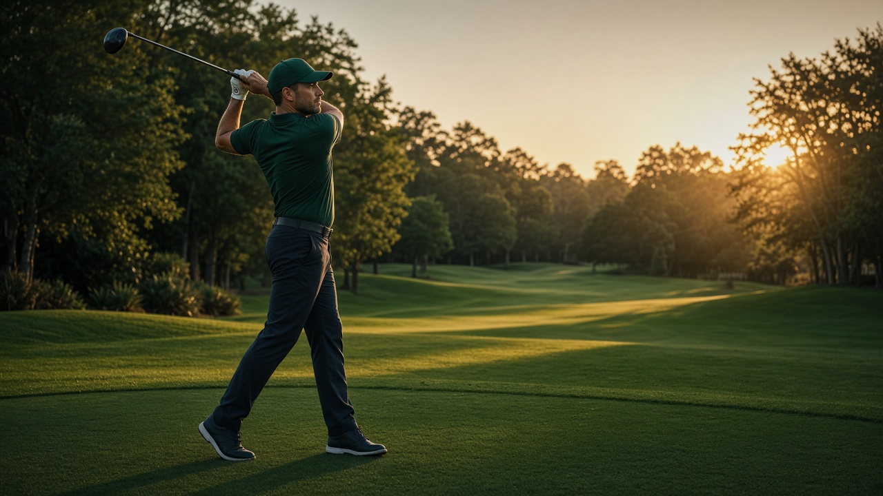 Golfer at the top of a backswing on a sunlit course